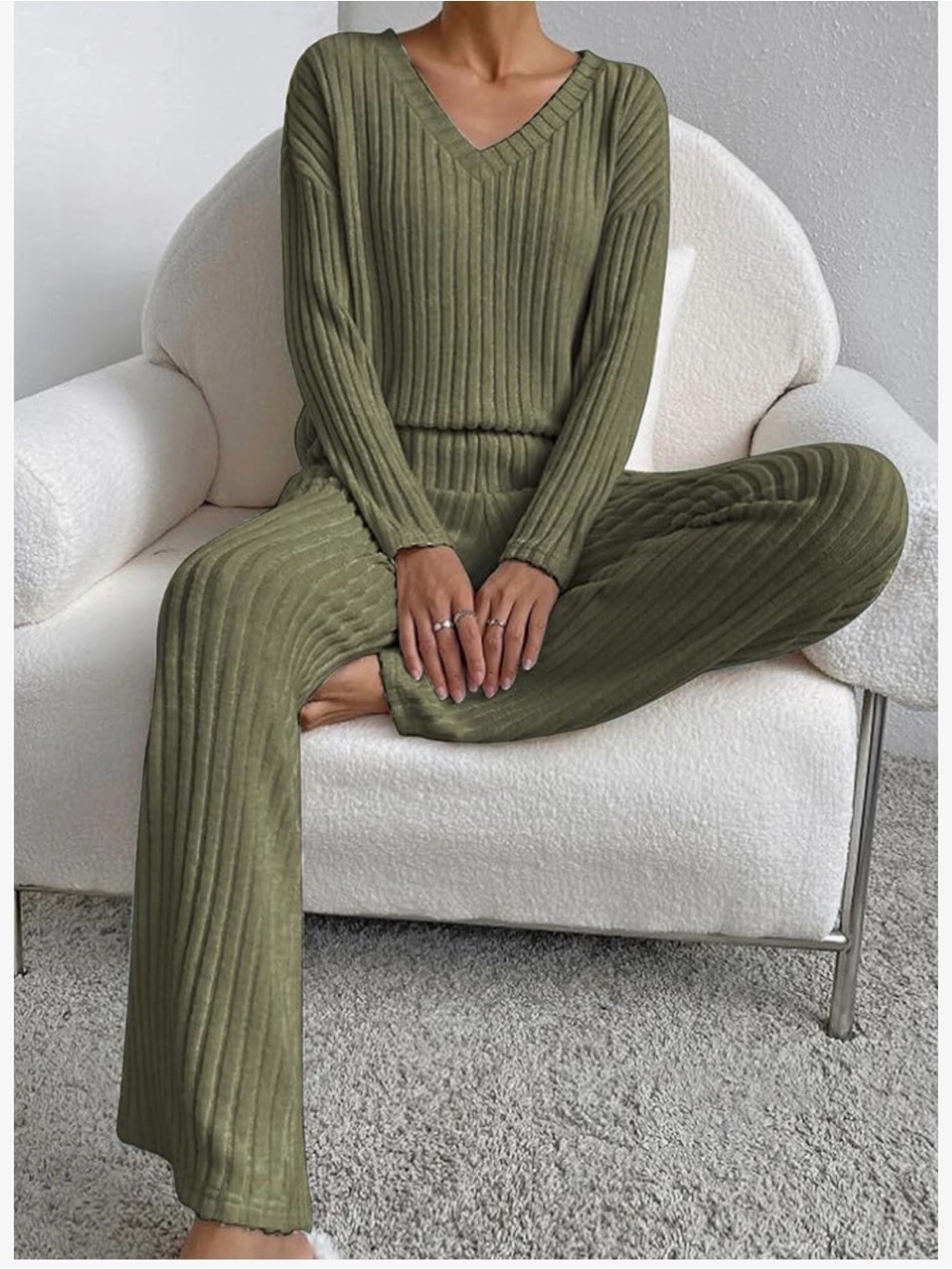 Olive Ribbed V-Neck Wide-Leg Lounge Pants & Top Set
